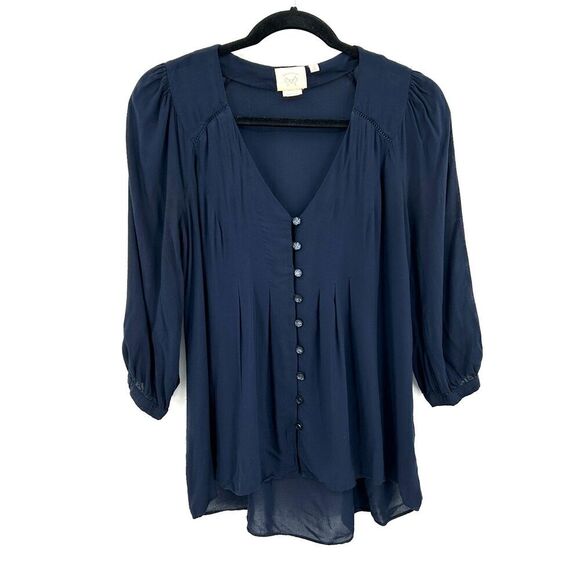 ANTHROPOLOGIE Vanessa Virginia Navy Blue Button Up Lightweight Blouse Size 2 - Picture 1 of 8